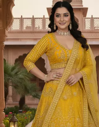 Yellow Color Sequins Coding Work Net Lehenga 