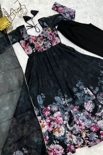 Pure soft organja silk fabric fully flair kali pattern and canvas patta with duppta set ,pent ready to wear