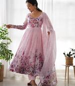 Pure soft organja silk fabric fully flair kali pattern and canvas patta with duppta set ,pent ready to wear