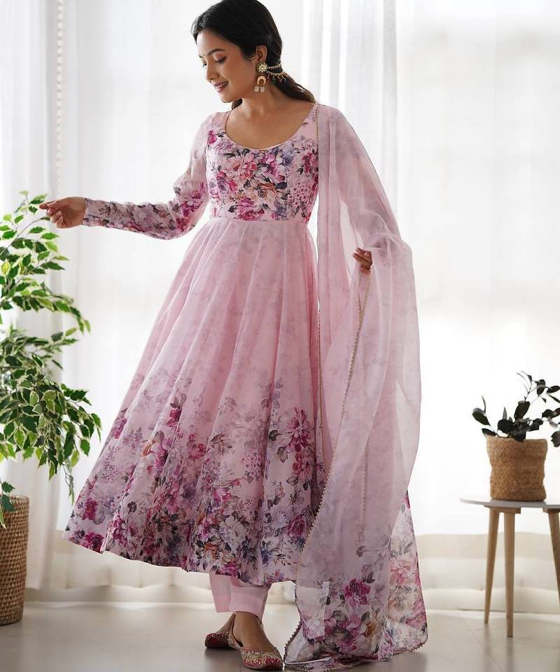 Pure soft organja silk fabric fully flair kali pattern and canvas patta with duppta set ,pent ready to wear