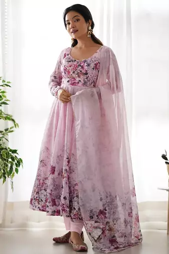 Pure soft organja silk fabric fully flair kali pattern and canvas patta with duppta set ,pent ready to wear
