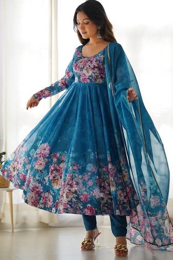 Pure soft organja silk fabric fully flair kali pattern and canvas patta with duppta set ,pent ready to wear