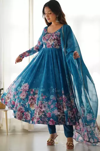 Pure soft organja silk fabric fully flair kali pattern and canvas patta with duppta set ,pent ready to wear