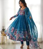 Pure soft organja silk fabric fully flair kali pattern and canvas patta with duppta set ,pent ready to wear