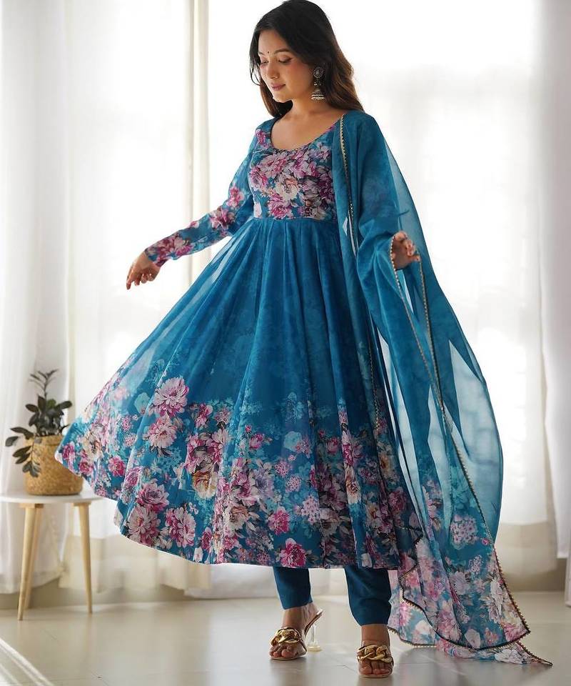 Pure soft organja silk fabric fully flair kali pattern and canvas patta with duppta set ,pent ready to wear