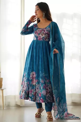 Pure soft organja silk fabric fully flair kali pattern and canvas patta with duppta set ,pent ready to wear