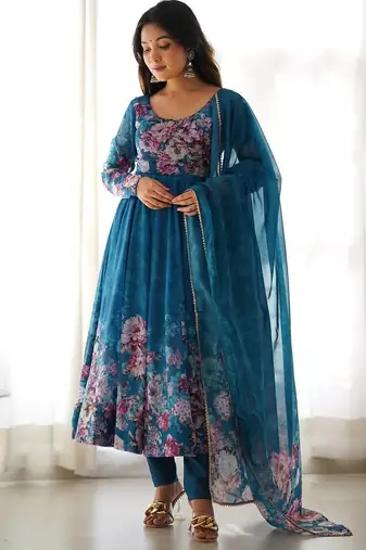 Pure soft organja silk fabric fully flair kali pattern and canvas patta with duppta set ,pent ready to wear