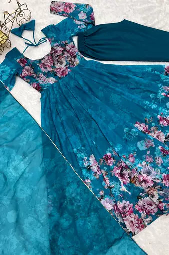 Pure soft organja silk fabric fully flair kali pattern and canvas patta with duppta set ,pent ready to wear