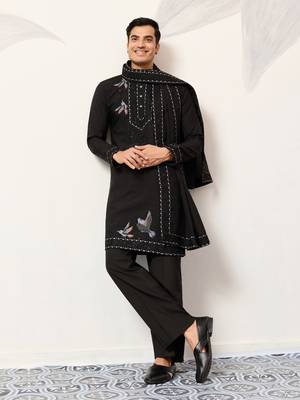 Black viscose silk thread with sequence embroidered work kurta & dupatta 1