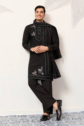 Black viscose silk thread with sequence embroidered work kurta & dupatta