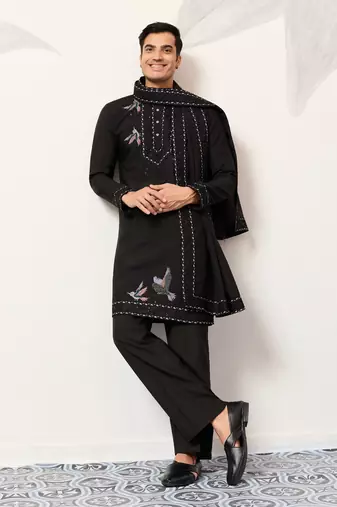 Black viscose silk thread with sequence embroidered work kurta & dupatta