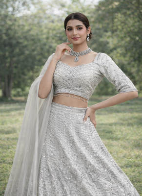 White Color Embroidery Sequins Work Faux Georgette Lehenga Choli Dupatta Set 2