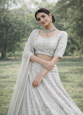 White Color Embroidery Sequins Work Faux Georgette Lehenga Choli Dupatta Set 3