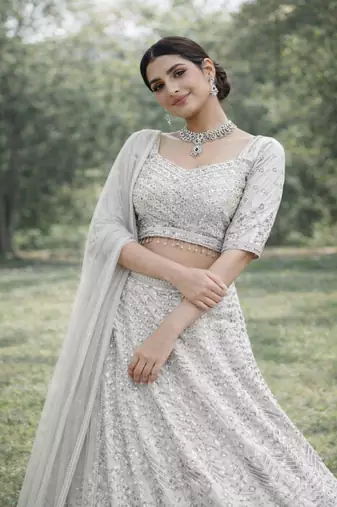 White Color Embroidery Sequins Work Faux Georgette Lehenga Choli Dupatta Set