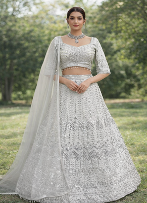 White Color Embroidery Sequins Work Faux Georgette Lehenga Choli Dupatta Set 1