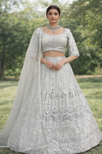 White Color Embroidery Sequins Work Faux Georgette Lehenga Choli Dupatta Set