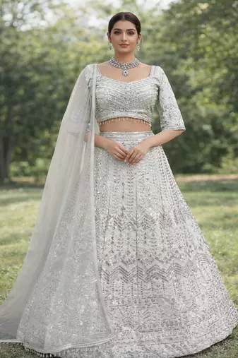 White Color Embroidery Sequins Work Faux Georgette Lehenga Choli Dupatta Set