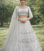 White Color Embroidery Sequins Work Faux Georgette Lehenga Choli Dupatta Set