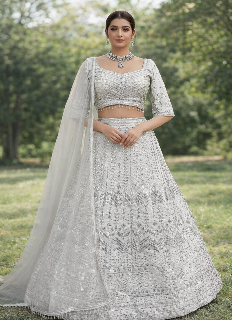 White Color Embroidery Sequins Work Faux Georgette Lehenga Choli Dupatta Set