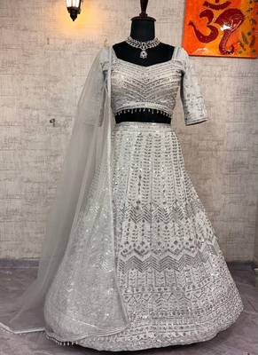 White Color Embroidery Sequins Work Faux Georgette Lehenga Choli Dupatta Set 4
