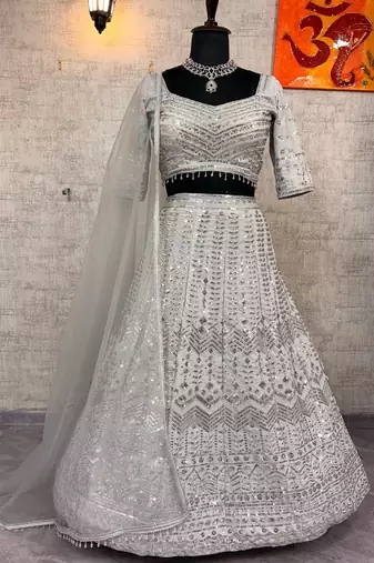 White Color Embroidery Sequins Work Faux Georgette Lehenga Choli Dupatta Set