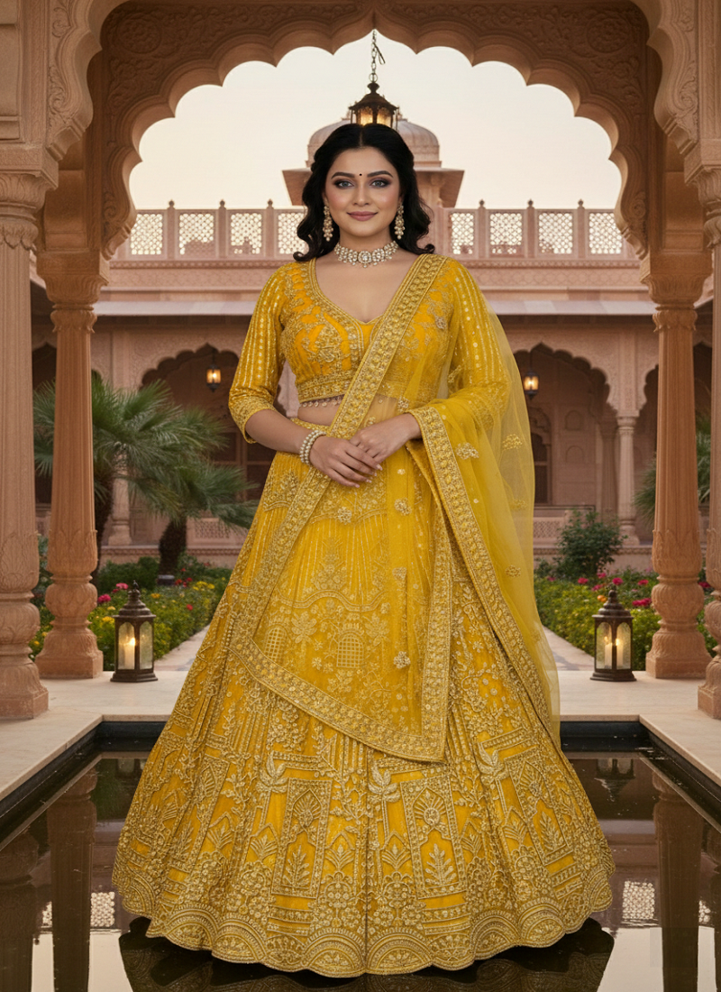 Yellow Color Sequins Coding Work Net Lehenga 