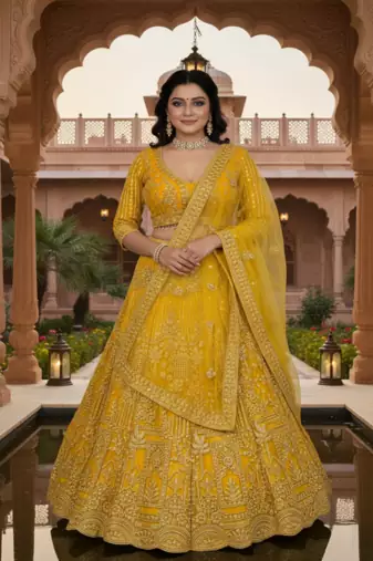 Yellow Color Sequins Coding Work Net Lehenga 