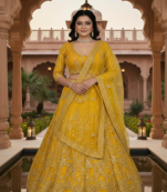 Yellow Color Sequins Coding Work Net Lehenga 