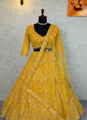 Yellow Color Sequins Coding Work Net Lehenga  3