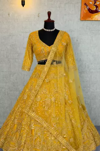 Yellow Color Sequins Coding Work Net Lehenga 