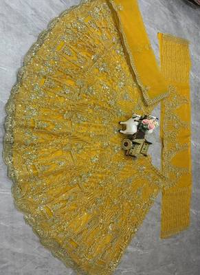 Yellow Color Sequins Coding Work Net Lehenga  5