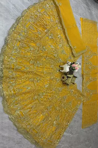 Yellow Color Sequins Coding Work Net Lehenga 