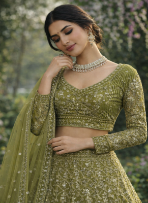 Olive Color Embroidery Sequins Work Butterfly Net Lhenga Choli Dupatta Set 2