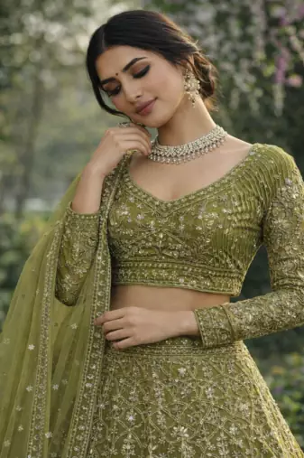 Olive Color Embroidery Sequins Work Butterfly Net Lhenga Choli Dupatta Set