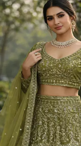 Olive Color Embroidery Sequins Work Butterfly Net Lhenga Choli Dupatta Set