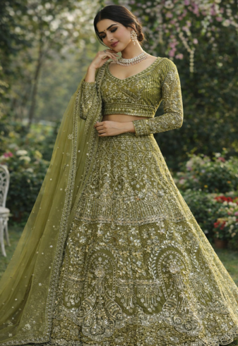 Olive Color Embroidery Sequins Work Butterfly Net Lhenga Choli Dupatta Set