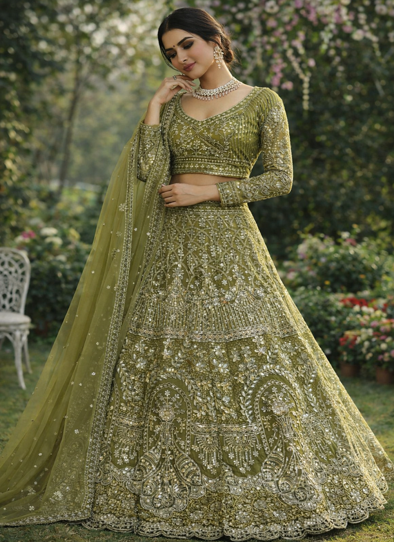 Olive Color Embroidery Sequins Work Butterfly Net Lhenga Choli Dupatta Set