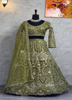Olive Color Embroidery Sequins Work Butterfly Net Lhenga Choli Dupatta Set 4