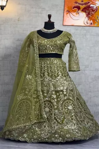 Olive Color Embroidery Sequins Work Butterfly Net Lhenga Choli Dupatta Set