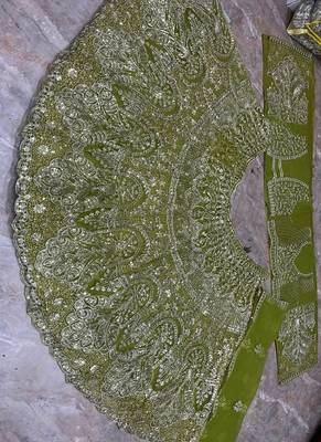 Olive Color Embroidery Sequins Work Butterfly Net Lhenga Choli Dupatta Set 5