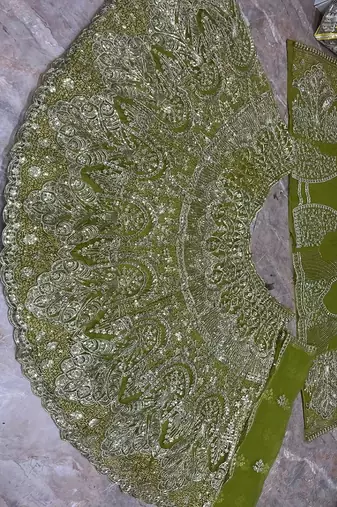 Olive Color Embroidery Sequins Work Butterfly Net Lhenga Choli Dupatta Set