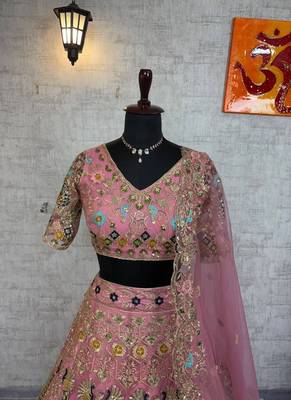 Pink Color Embroidery Sequins Work Butterfly Net Lhenga Choli Dupatta Set 2