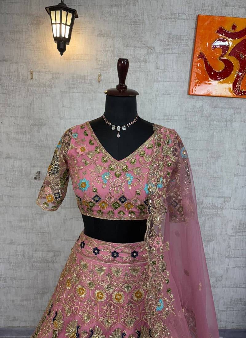 Pink Color Embroidery Sequins Work Butterfly Net Lhenga Choli Dupatta Set