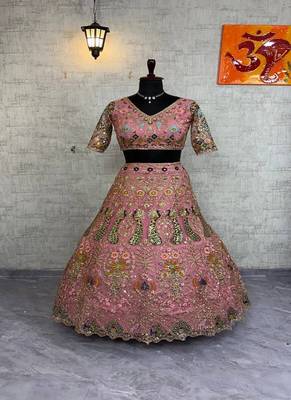 Pink Color Embroidery Sequins Work Butterfly Net Lhenga Choli Dupatta Set 1