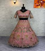 Pink Color Embroidery Sequins Work Butterfly Net Lhenga Choli Dupatta Set