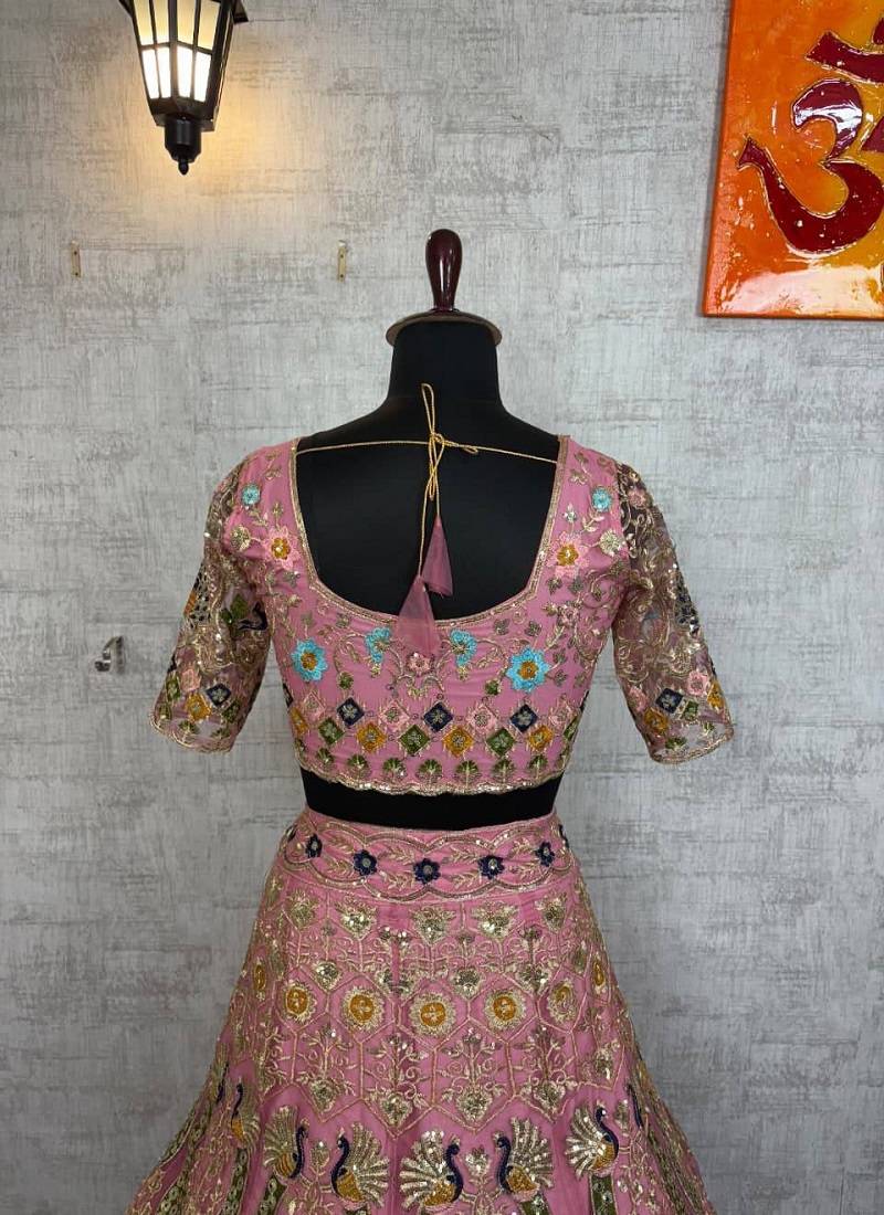 Pink Color Embroidery Sequins Work Butterfly Net Lhenga Choli Dupatta Set