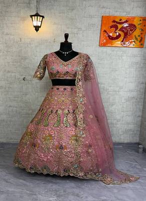 Pink Color Embroidery Sequins Work Butterfly Net Lhenga Choli Dupatta Set 4