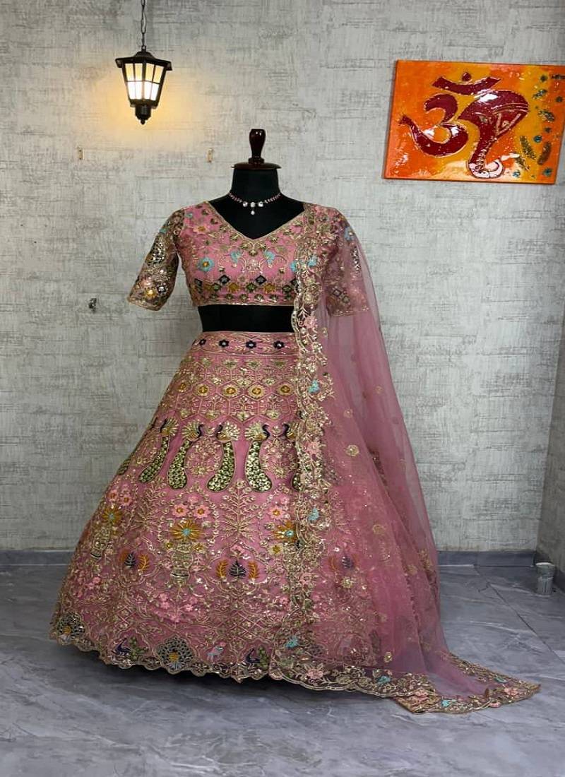 Pink Color Embroidery Sequins Work Butterfly Net Lhenga Choli Dupatta Set
