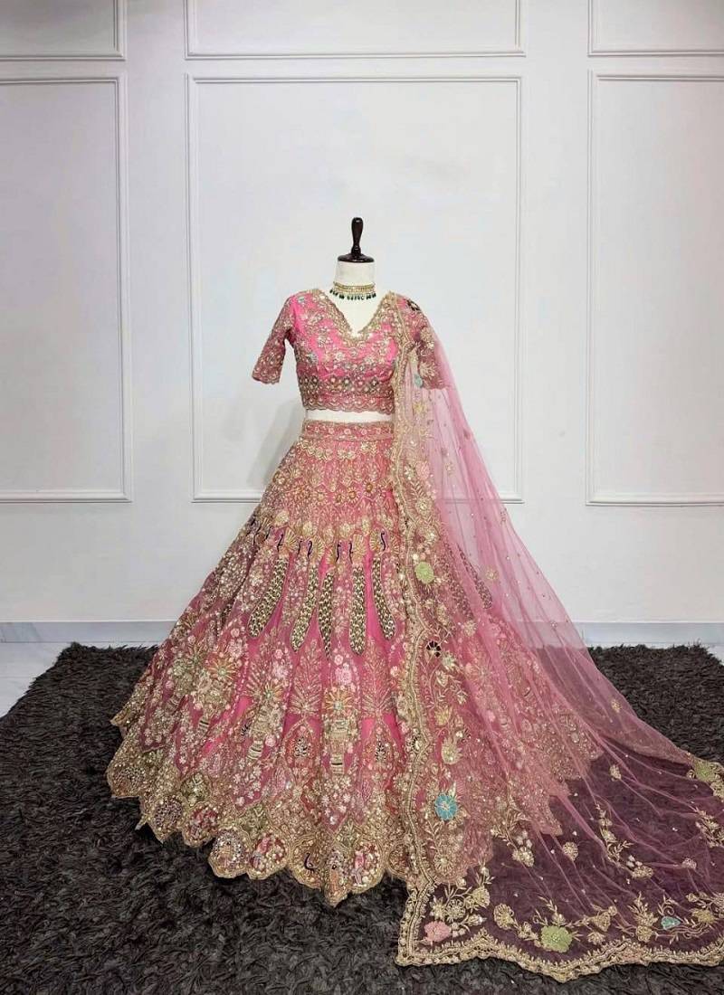Pink Color Embroidery Sequins Work Butterfly Net Lhenga Choli Dupatta Set