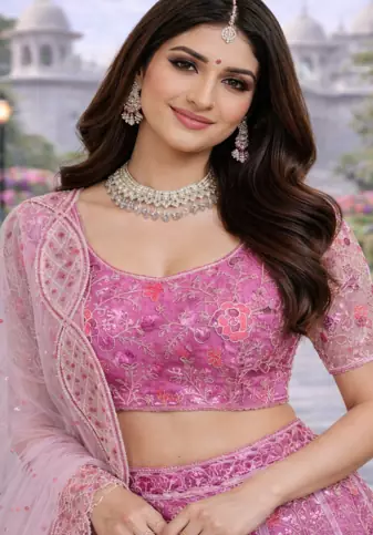 Pink Color Coding Embroidery Sequins Work Butterfly Net Lhenga Choli Dupatta Set